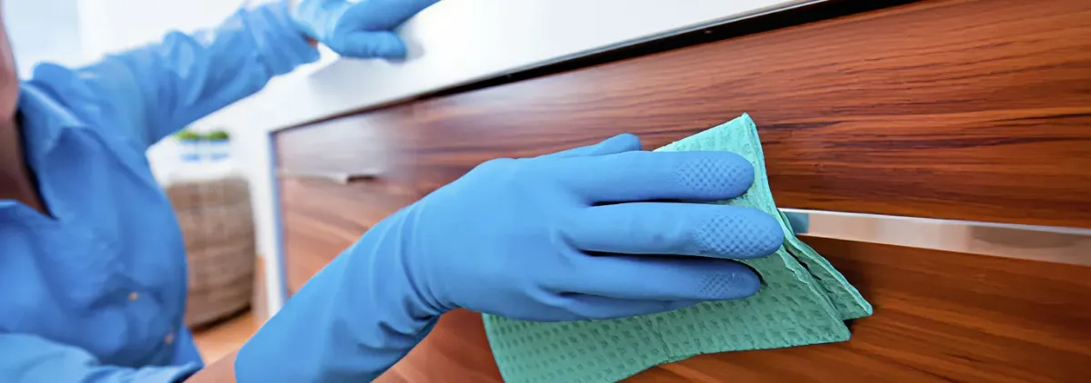 Cleaner wearing blue gloves wiping a wooden cabinet drawer with a microfiber cloth for dust and grime removal, Jackson, MI.