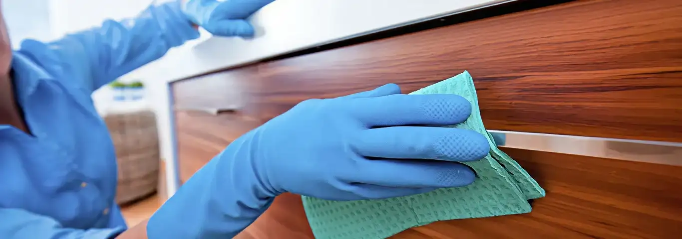 Cleaner wearing blue gloves wiping a wooden cabinet drawer with a microfiber cloth for dust and grime removal, Jackson, MI.