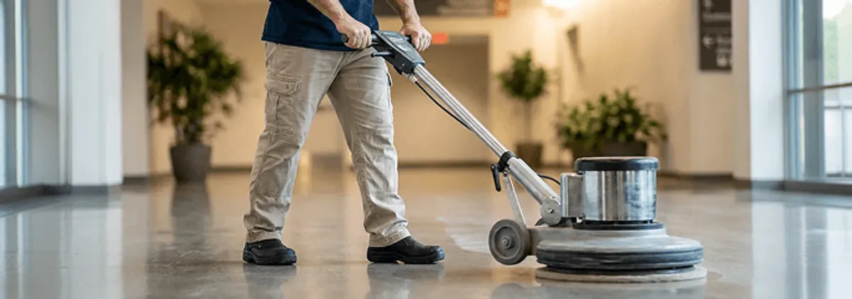 Professional technician using an industrial floor buffer to polish and maintain shiny commercial flooring in a corporate hallway in Jackson, MI.