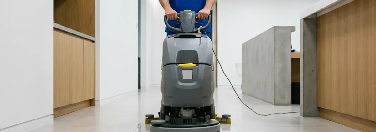 Janitorial staff using a floor scrubber machine to clean a commercial hallway, Jackson, MI.