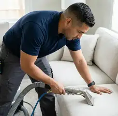 Professional upholstery cleaning technician using an extraction wand to deep-clean a fabric sofa, Jackson, MI.